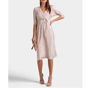 June & Hudson Pink Champagne Shimmer V-neck MIDI Dress